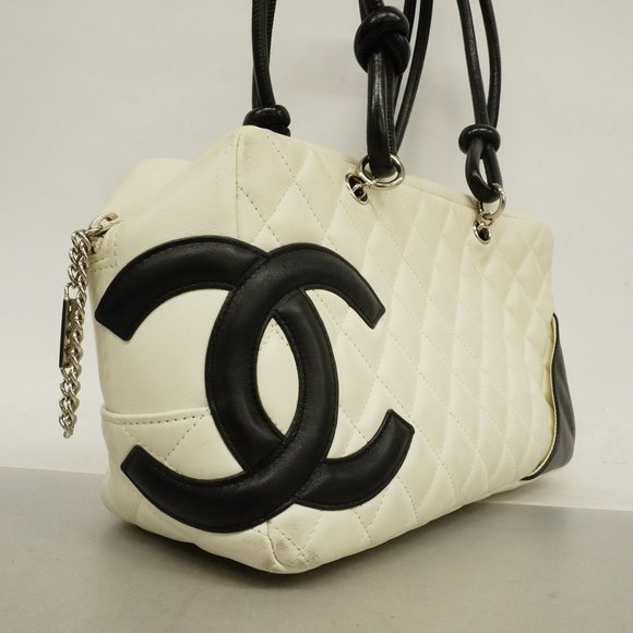 Auth Chanel Shoulder Bag Cambon Line Bowling Bag Lambskin White/Black Silver ... - Picture 2 of 10